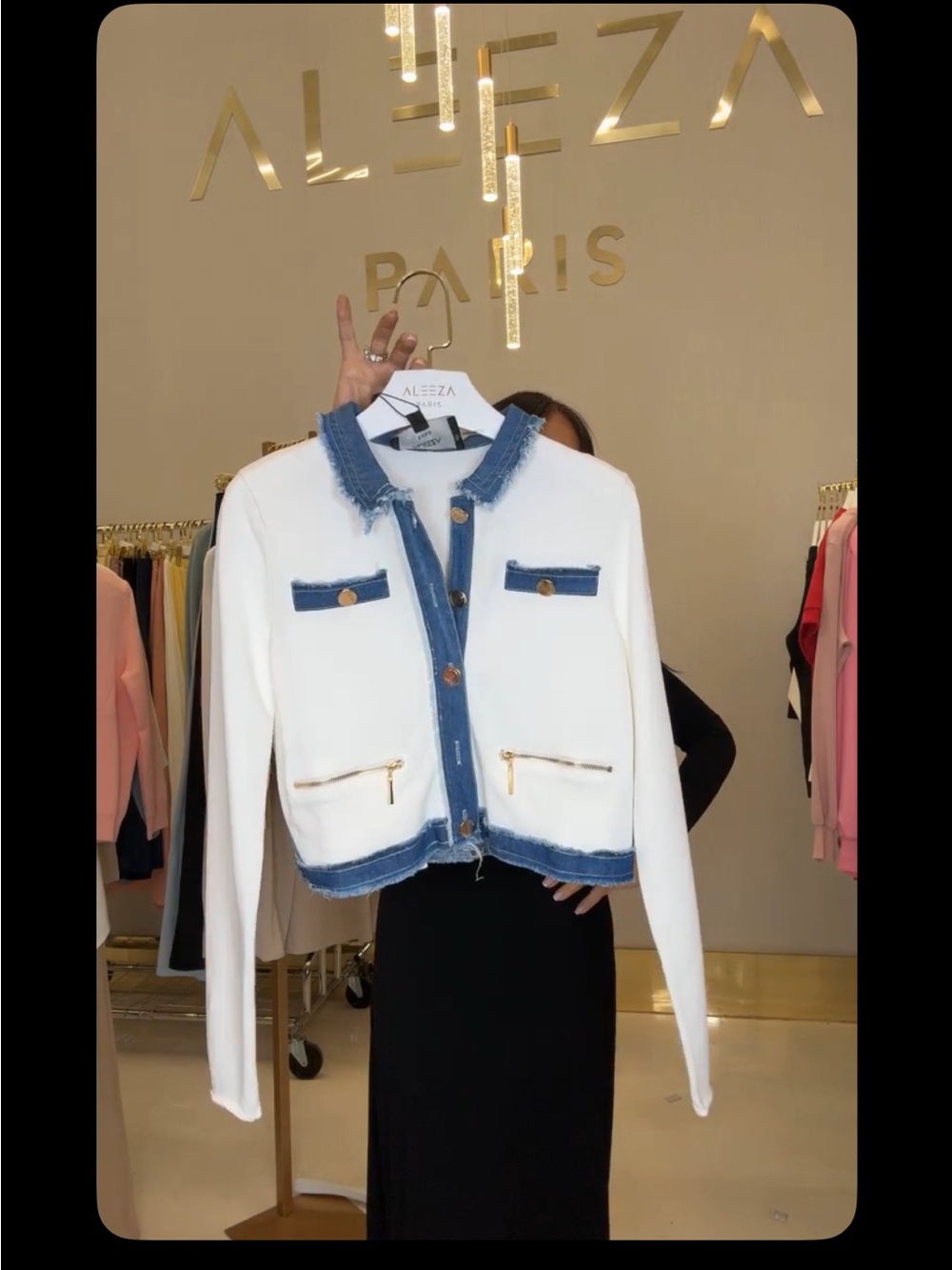 Aleeza Paris - Ivory and denim Cropped Frayed-Trim Jacket